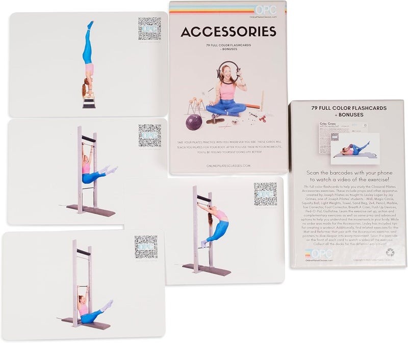 OnlinePilatesClasses.com OnlinePilatesClasses Pilates Accessories Flashcards, 79 All-Levels Illustrated Cards Deck Set, Low Impact Home Fitness Workouts Guide with Postures & Routines, Workout Planner with Tips and Videos - Image 1